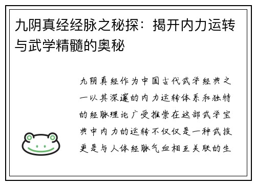 九阴真经经脉之秘探：揭开内力运转与武学精髓的奥秘